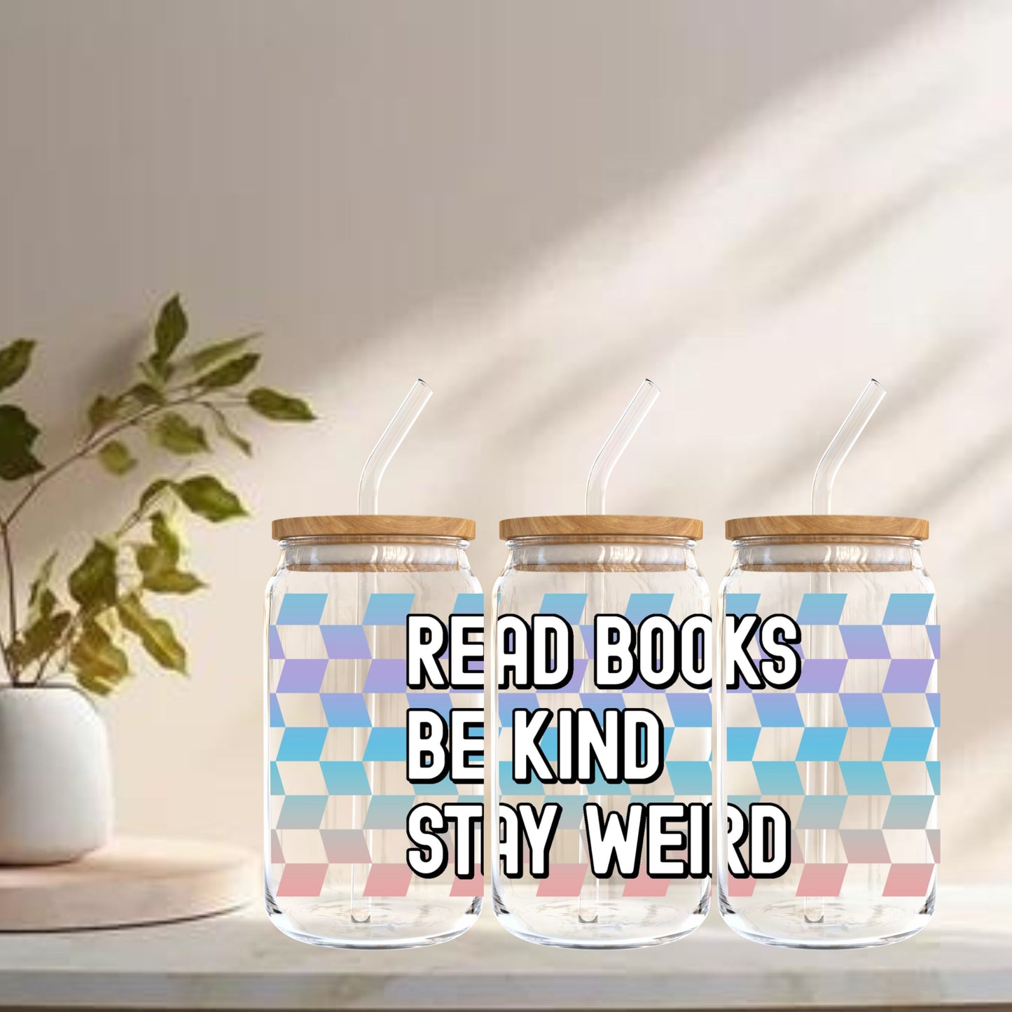 Read Books, Be Kind, Stay Weird Can-Shaped Glass
