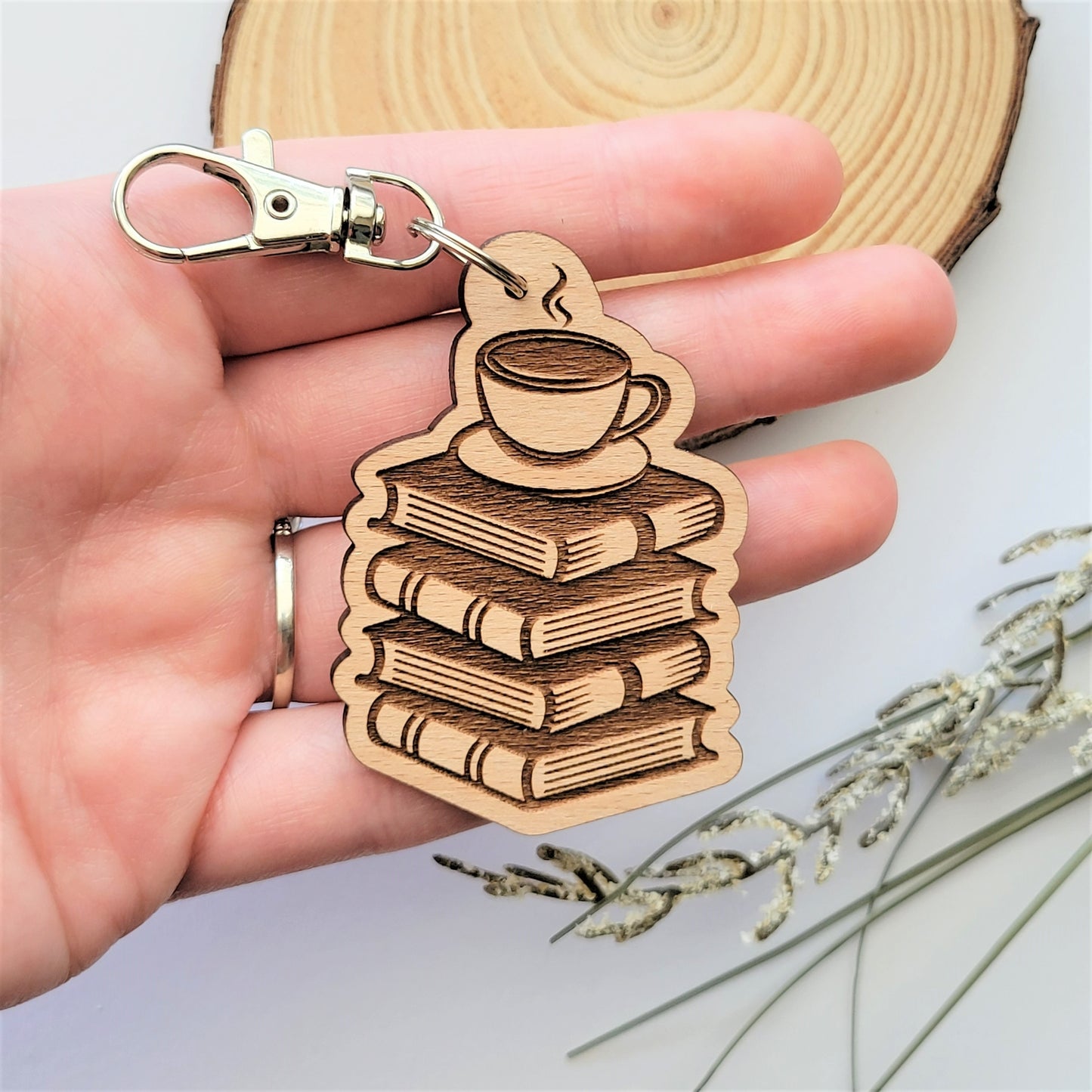 Coffee & Books Wooden Keychain